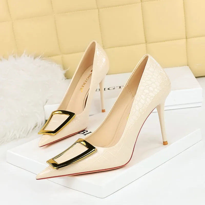 2025 BIGTREE Metal Decoration Buckle Fashion Pumps Women Elegant Snakeskin Print 10cm High Heels Party Ladies Shoes