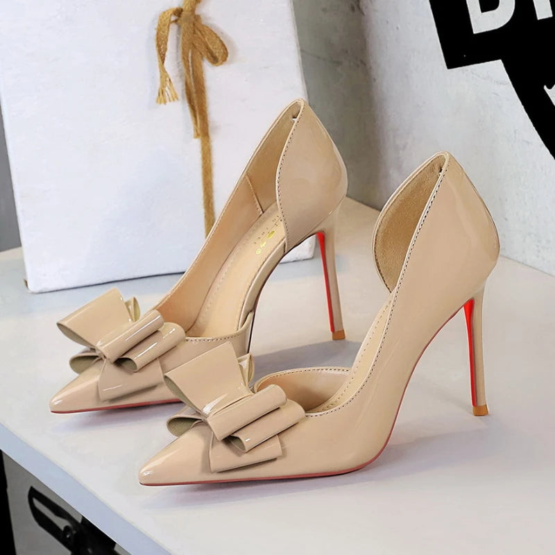 Nude Patent Leather Pointed Toe Stiletto Heel Pumps With Bow Cut Out High Heels For Wedding Party Prom Evening Formal Dress
