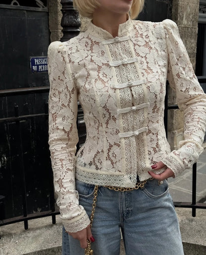 Tossy Summer Lace Printed Shirts Tops Female Hollow Out Fashion Commute Vintage See-Through Blouse Women's Lace Shrug Shirts New