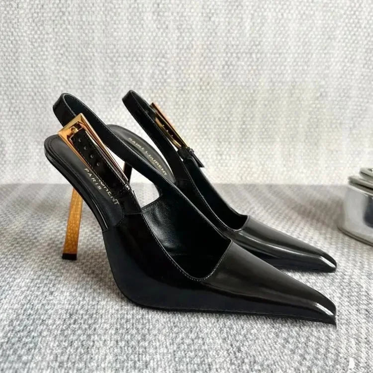 Black Pointed Toe High Heels Thin Heel Metal Cap Sandals Women's Shoes Elegant Painted Leather Sexy Fine Heel New 2025