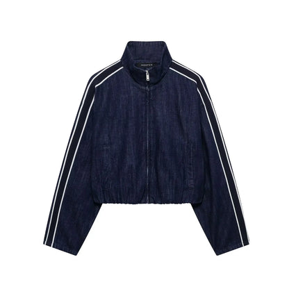 KONDALA Women High Street Denim Set Spring Fall Trendy Side Stripe Stand Collar Zipper Jacket Lace-up Pant 2026 Casual Pants Set