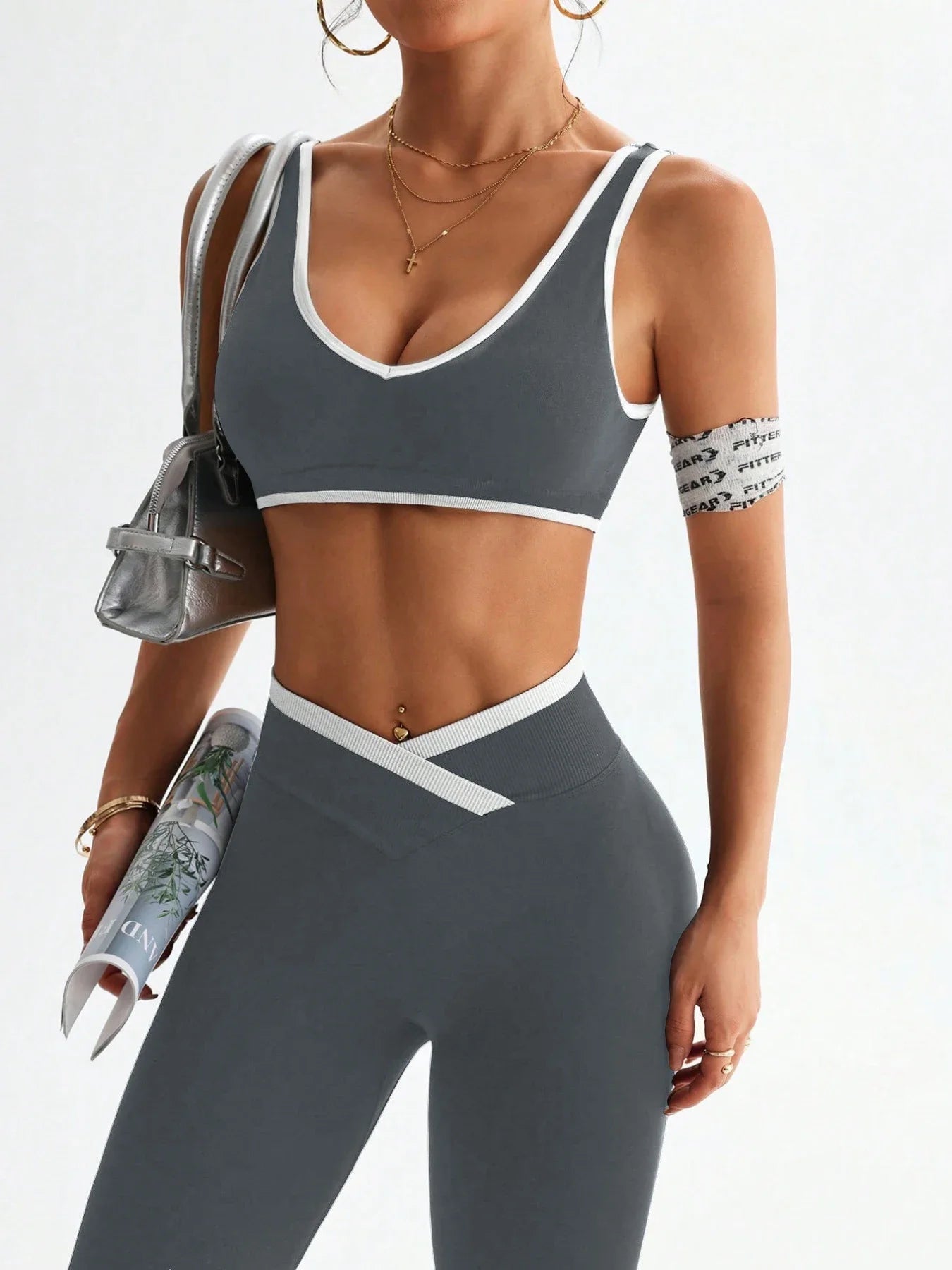 Womens One Piece Yoga Set Tummy Control Fitness Outfit Color Blocking Wide Strap with V Waist Flared Pants 2 Piece