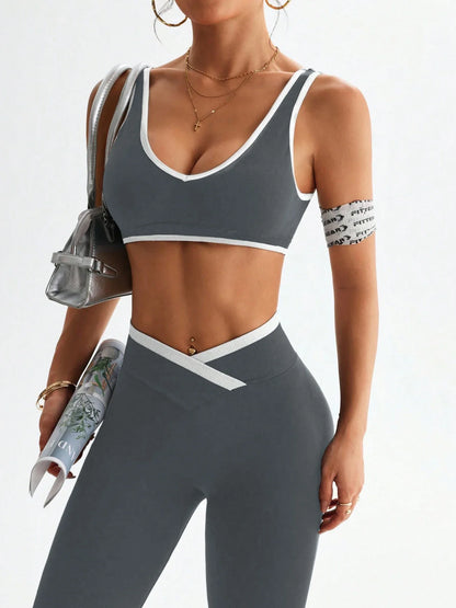 Womens One Piece Yoga Set Tummy Control Fitness Outfit Color Blocking Wide Strap with V Waist Flared Pants 2 Piece