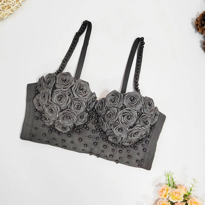 New 2025 Sexy Vest Corset Women Three-dimensional Flowers Roses Pearls Short Tops Party Bustier Push-up Bra Strap Crop Top 42913