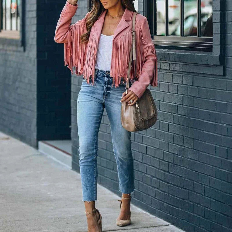 Women's Casual Fringe Cropped Jacket Western Boho Vintage Long Sleeve Zip Up Trendy Autumn Outerwear