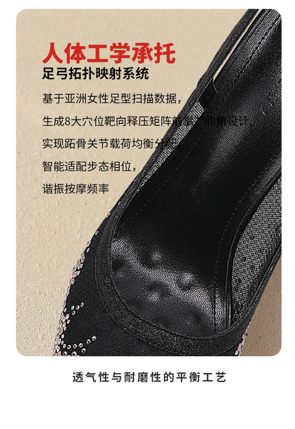 New Baotou sexy sandals with one buckle and summer mesh, rhinestone high heels for women, slim heels, shallow mouth