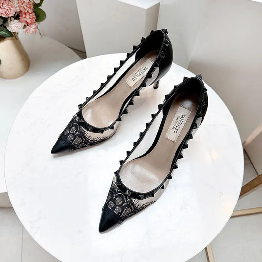 V-Home Mandarin Orange High Heels Lace Mesh Rivet Pointed Toe Versatile Single Shoes Women Summer Fashionable Elegant