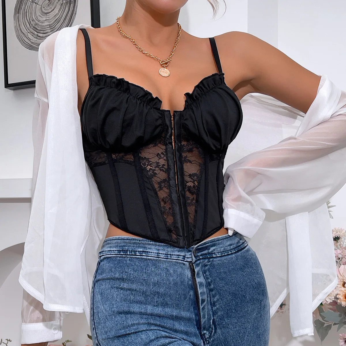 Sexy Lace Mesh Sheer Patchwork Corset Top Spaghetti Strap Pleated Chic Tank Tops for Women See Through Back Fishbone Camisole