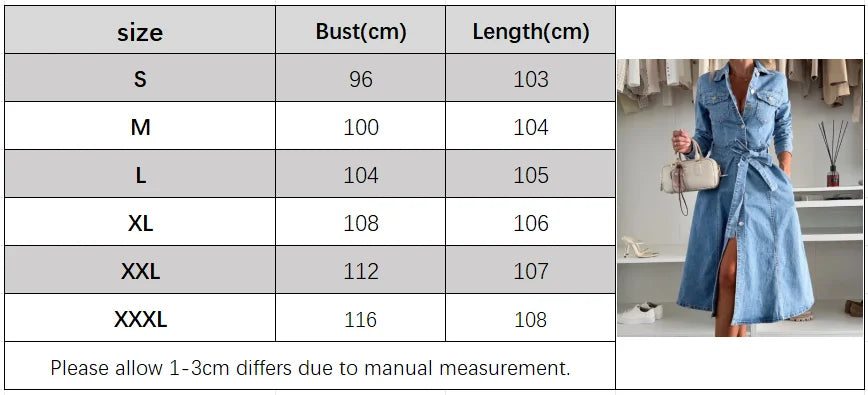 2026 NEW Women's Casual Dresses Elegant Light Blue Denim Dress for Women Long Sleeve Button Up Belted Midi Dress