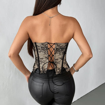 SINGREINY  Luxury Lace Wedding Party Tank Top  Female Flapper Edgy Backless Corset Gala Camis 2026 Strapless Sheer Lingerie Top
