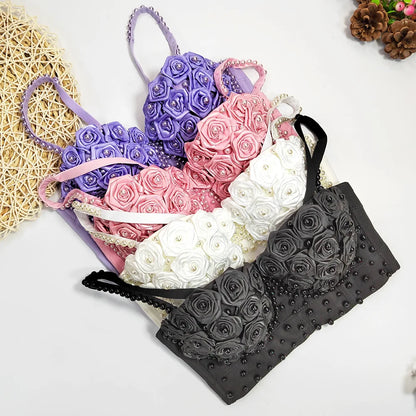 New 2025 Sexy Vest Corset Women Three-dimensional Flowers Roses Pearls Short Tops Party Bustier Push-up Bra Strap Crop Top 42913