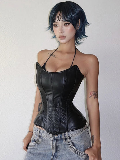 Sisterlinda Sexy Patchwork Tank Top Women Fashion Casual Faux Leather Sleeveless Irregular Hem Coquette Midnight Party Club Vest