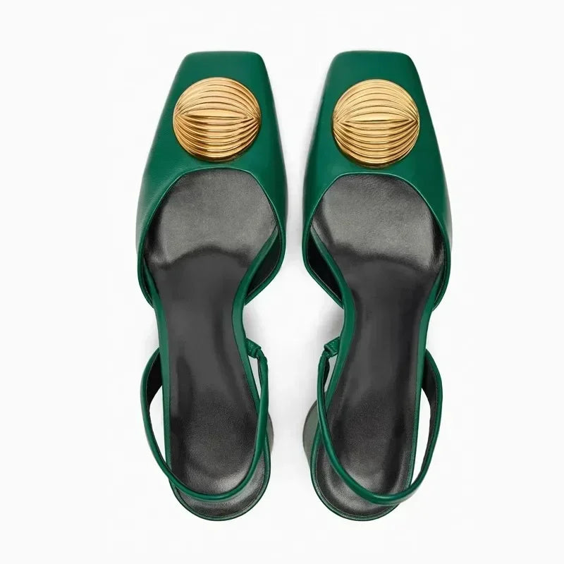 Designer Brand Sandals Women Pumps Metal Decoration Fashion Square Toe Chunky Heels Dress Shoes Elegant High Heels Ladies Mules