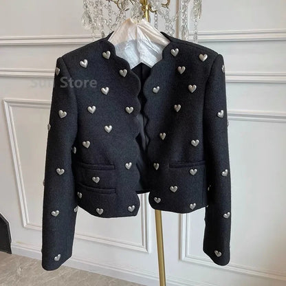 Autumn Winter Fashion Heart Buckle Black Wool Tweed Short Jacket Coat Women Vintage Long Sleeve V Neck Wave Cardigan Outwear Top