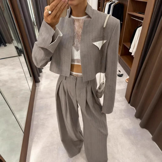 2026 New Gray Stripe Short Suit Jacket Top Loose Wide Leg Pants Two Piece Casual Women Fashion Suit Set