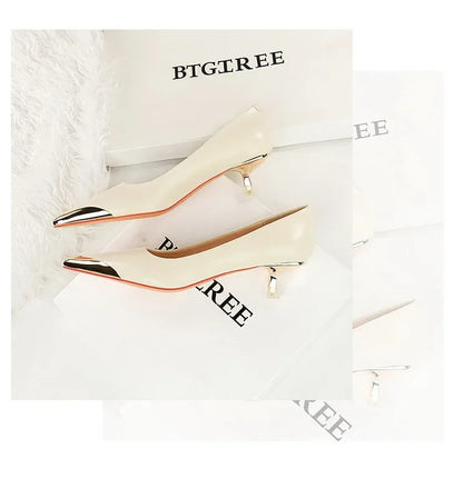 BIGTREE Retro Shallow Metal Pointed Toe High Heels Women Pumps  Stripper Elegant Party Thin Low Heels Black Heels Shoes