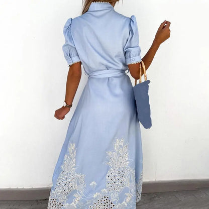 Lace-up Women Shirt Dress 2024 Summer Elegant Single Breasted Puff Sleeve Maxi Dress Vestidos Bohemian Sundress Party Robe