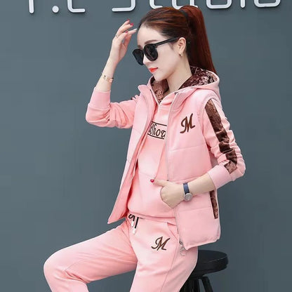 Women's Casual Fashion Autumn Winter New Sweat Suit Plush Thickened Hooded Tops and Waistcoat Pants 3 Three Piece Sets For Women