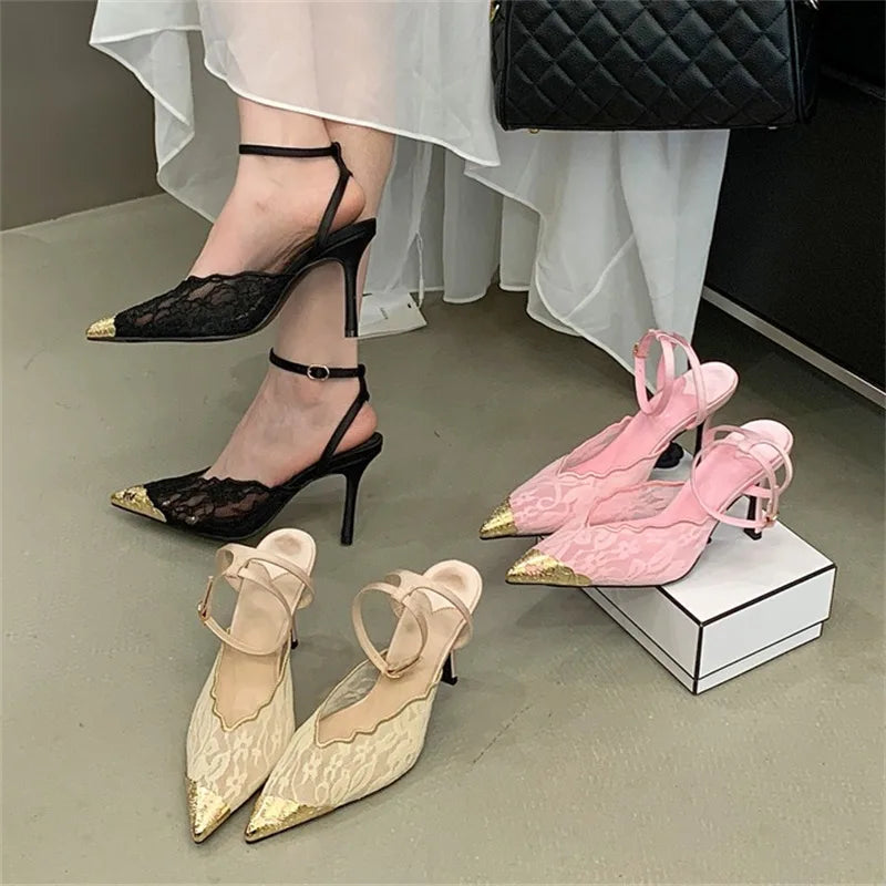 Eilyken New Design Breathable Mesh Thin High Heels Woman Pumps Elegant Pointed Toe Buckle Strap Party Prom Mule Shoes