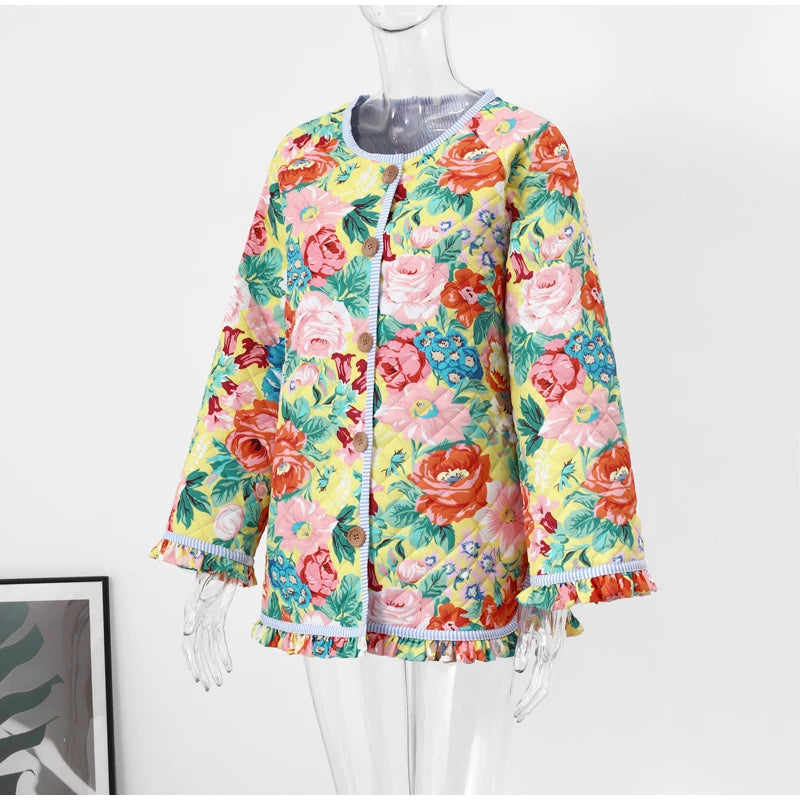 HH Floral Print Jacket For Women Autumn Quilted Reversible Cotton Coat Cardigan Long Sleeve Jackets Elegant Woman Streetwear