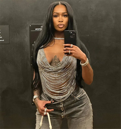 Women Metal Chain Tassel Tank Top Sexy Deep V Neck Backless Hollow Out See Through Crop Top Body Chain Party Club Camisole