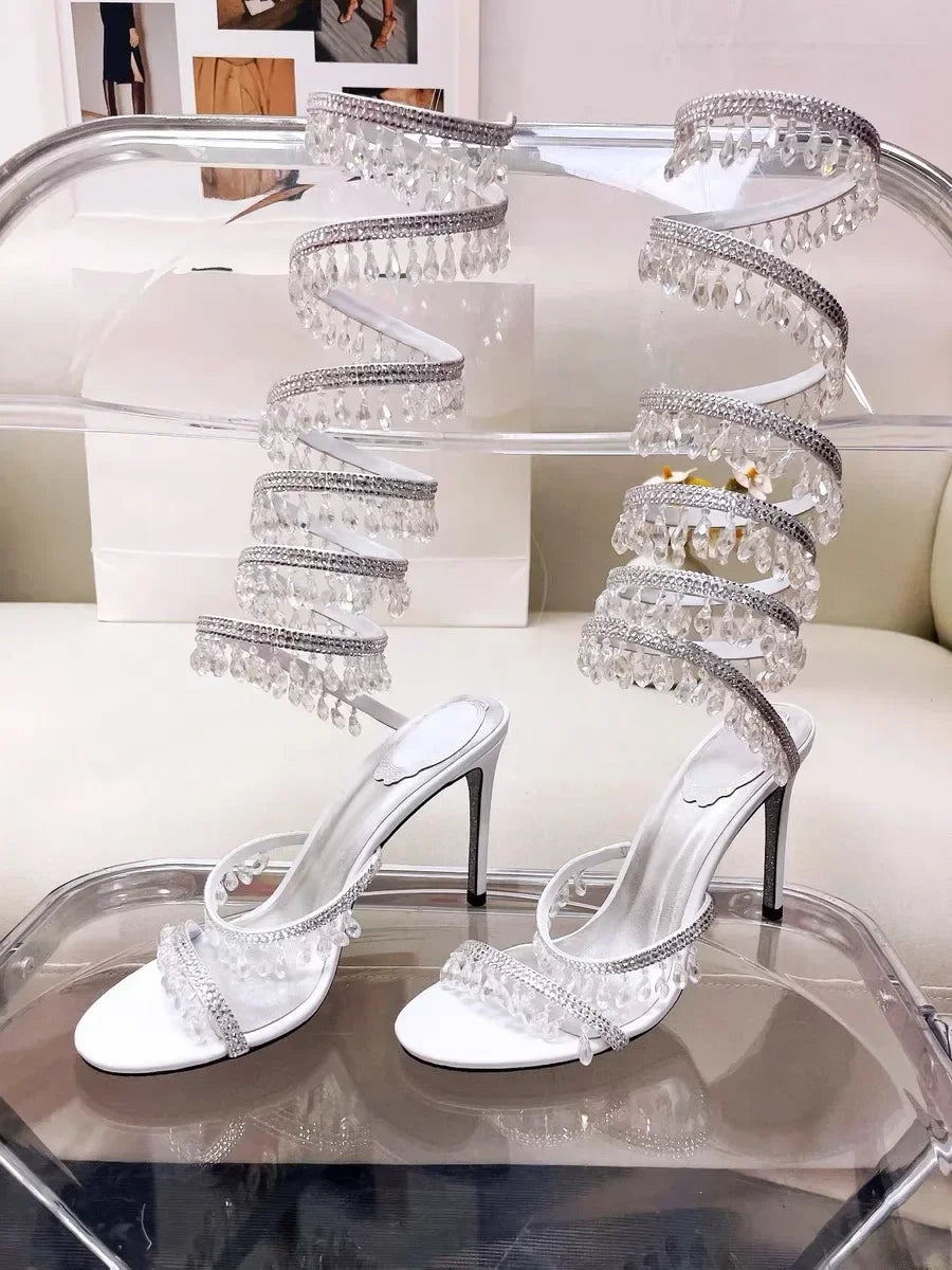2024Women's New Water Diamond Sandals Fashion Tassel Crystal Shoes Sexy Banquet Party Twin Stiletto Women's Large Sandals