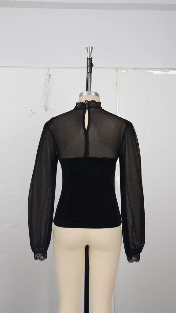 Women's Spring/Fall 2026 New Arrival Elegant Lace-Panel Cutout Bell-Sleeve Tie-Waist Top Everyday Lace-Panel Design