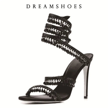 Women's New Shimmering Crystals Summer Shoes Tassel Crystal Shoes Sexy Banquet Party Twin Stiletto Women's Large Sandals