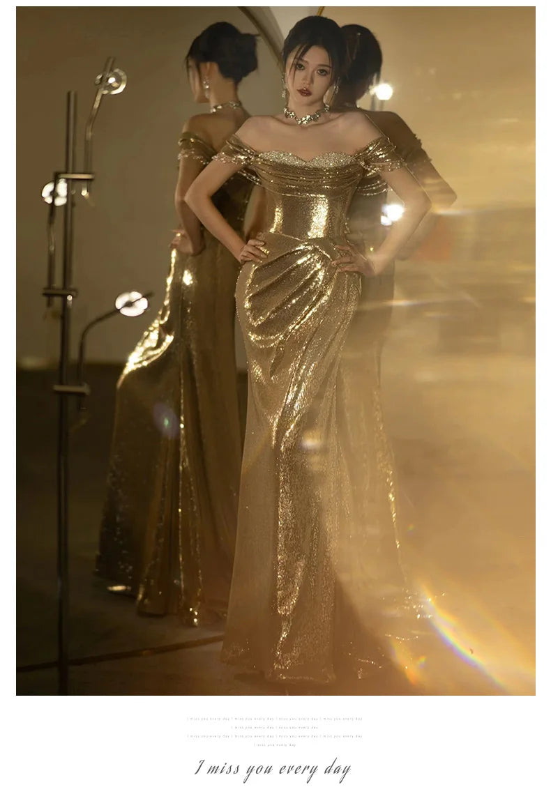 Mauroicardi Spring Autumn Praty Evening Dresses Woman Off Shoulder Backless Elegant Chic Luxury Floor Length Gold Sequin Clothes