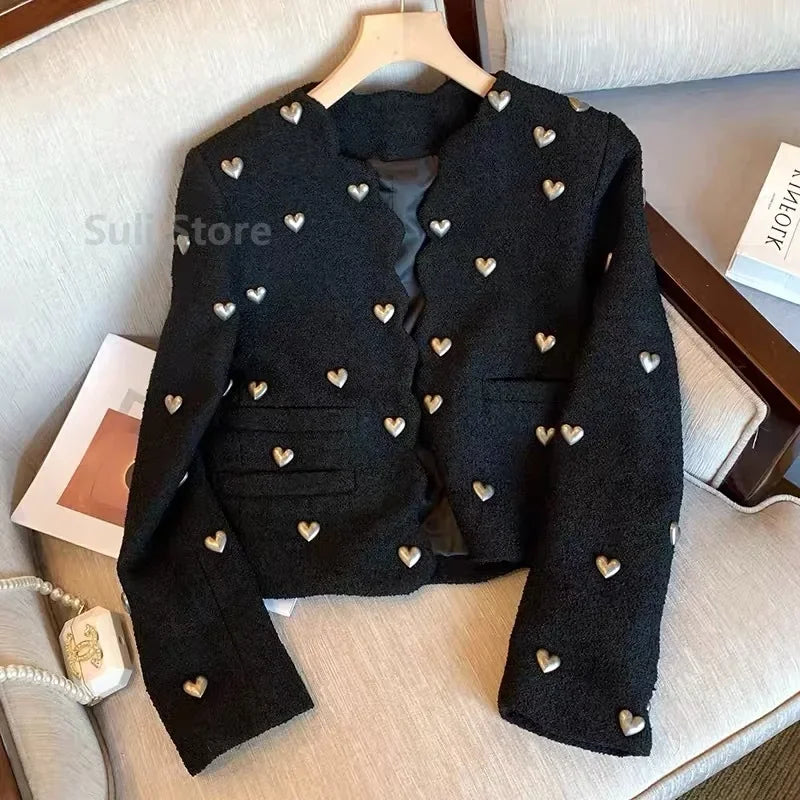 Autumn Winter Fashion Heart Buckle Black Wool Tweed Short Jacket Coat Women Vintage Long Sleeve V Neck Wave Cardigan Outwear Top