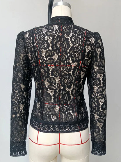 Tossy Summer Lace Printed Shirts Tops Female Hollow Out Fashion Commute Vintage See-Through Blouse Women's Lace Shrug Shirts New