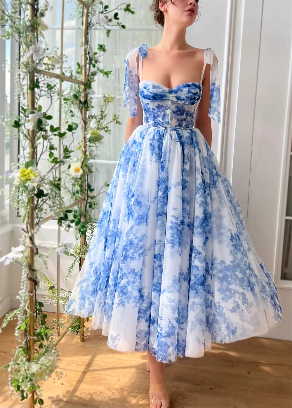Customized Floral Print Prom Dresses Tea Length Sweetheart Tie Straps Tulle Fairy Dress Cocktail Formal Party Gowns
