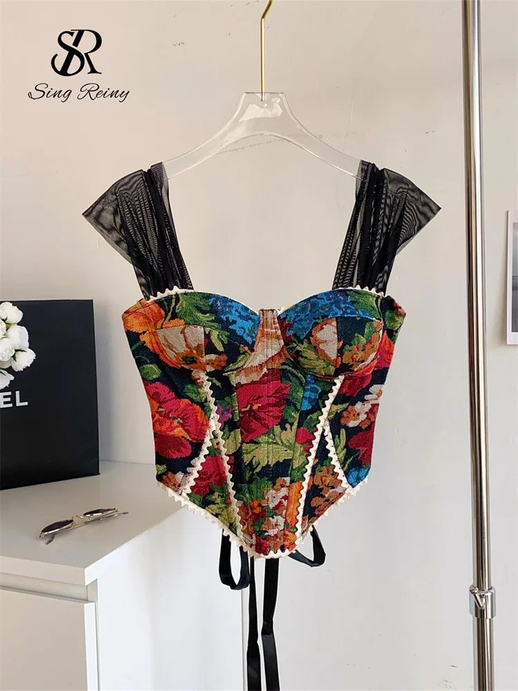 SINGREINY American Retro Print Evening Camisole Female Strap Lace Spliced Slim Top 2025 Streetwear Floral Vintage Beach Tank Top