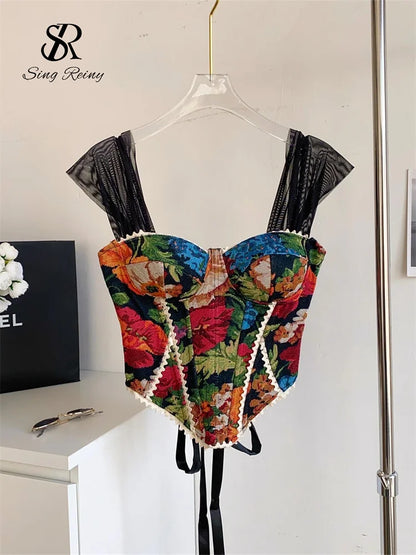 SINGREINY American Retro Print Evening Camisole Female Strap Lace Spliced Slim Top 2025 Streetwear Floral Vintage Beach Tank Top