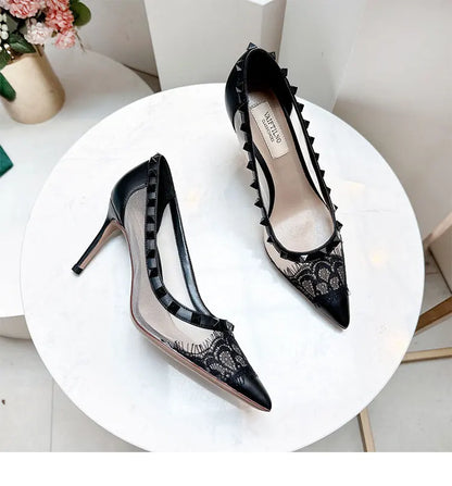 V-Home Mandarin Orange High Heels Lace Mesh Rivet Pointed Toe Versatile Single Shoes Women Summer Fashionable Elegant