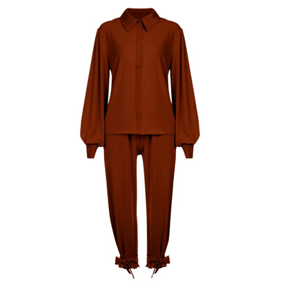 Classic Solid Shirt Pants Set Women Casual Loose Long Sleeved Lapel Elastic Waist Two Piece Suit 2025 New Summer Street Outfit
