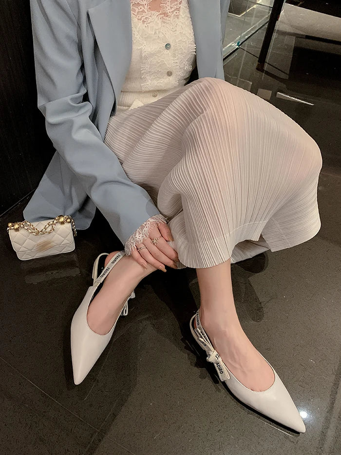 New Summer Low Block Heel Suede Pointed Toe Low-Cut Flats with Letter Back Strap Closed-Toe Sandals