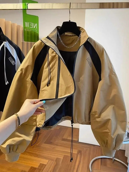 Design  niche loose casual stand up collar trench coat, women's spring and autumn short jacket double zipper