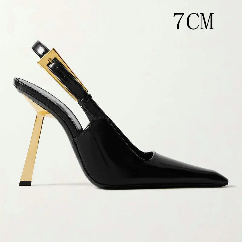 2025 Spring And Summer New Black Patent Leather High Heels Women Slim Heel Shoes Temperament Minority Pointed Sandals