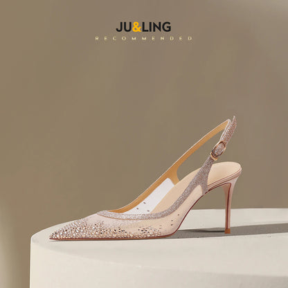 New Baotou sexy sandals with one buckle and summer mesh, rhinestone high heels for women, slim heels, shallow mouth
