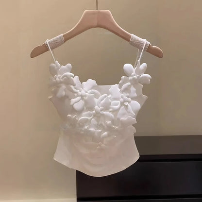 Summer New Style Women's White Strap Vest Gentle Wind 3D Flower Decoration Slim Fit Inner Wear Folded Design Outerwear Top
