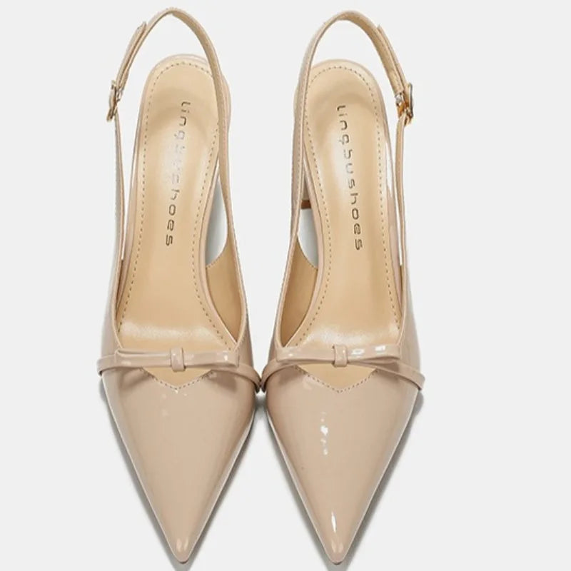 Pointed Toe Women's New Sandals 2025Summer Bow Luxury Brand Sexy Buckle High Heels Slingback Shallow Mouth Girls Mary Jane Shoes