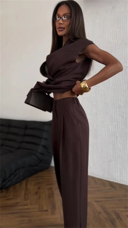 Street Slim Vest Pant Outfit Spring Women Sleeveless Double Breasted Tank Top+High Waist Zip Wide Leg Pants Summer Two Piece Set