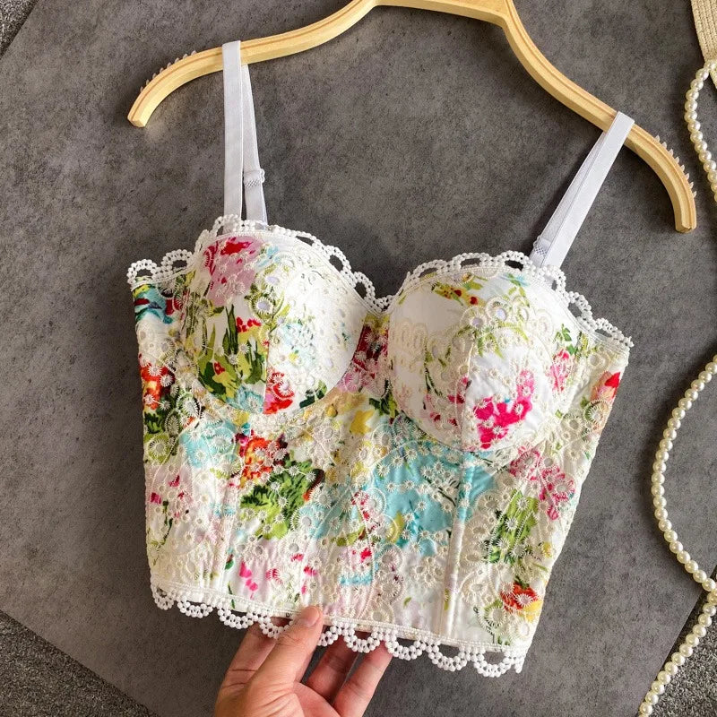 Women Crocheted 3D Lace Corset Stylish Floral Embroidery Bustier Push Up Bra Lady Tank Top Elegant Cropped Top Club Party Bralet