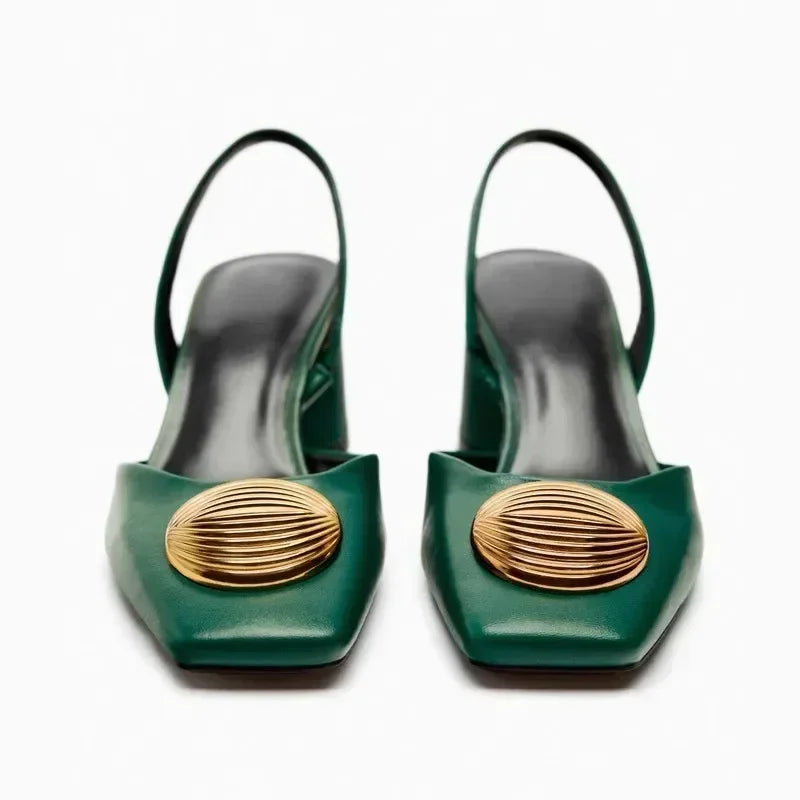 Designer Brand Sandals Women Pumps Metal Decoration Fashion Square Toe Chunky Heels Dress Shoes Elegant High Heels Ladies Mules