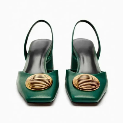 Designer Brand Sandals Women Pumps Metal Decoration Fashion Square Toe Chunky Heels Dress Shoes Elegant High Heels Ladies Mules