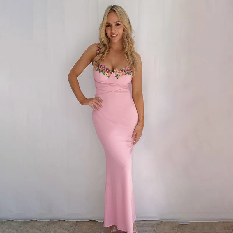 Y2K Sexy Sleeveless Backless Floral Women's Maxi Long Dress Lace-Up Bandage Bodycon Autumn Winter Party Club Dresses Outfit Gift