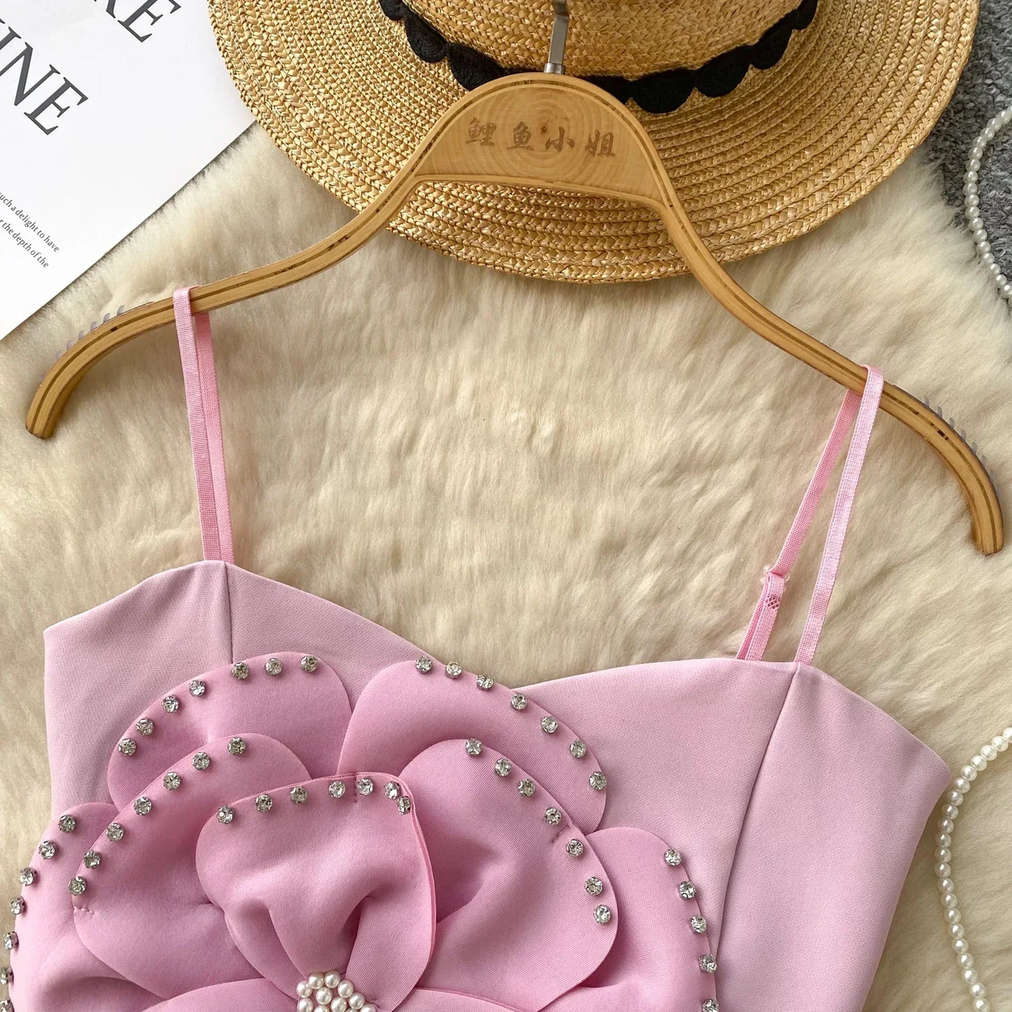 New French Sweet Strap Camisole Strapless 3D Floral Beading Diamonds Design Tops Elastic Ruched Slim Streetwear Tank Top