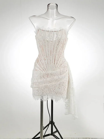 TARUXY Sexy Lace See-through Patchwork Corset Dress Female Bodycon Elegant Party MIrrgualr Mini Dress Women Tube Top Dress New