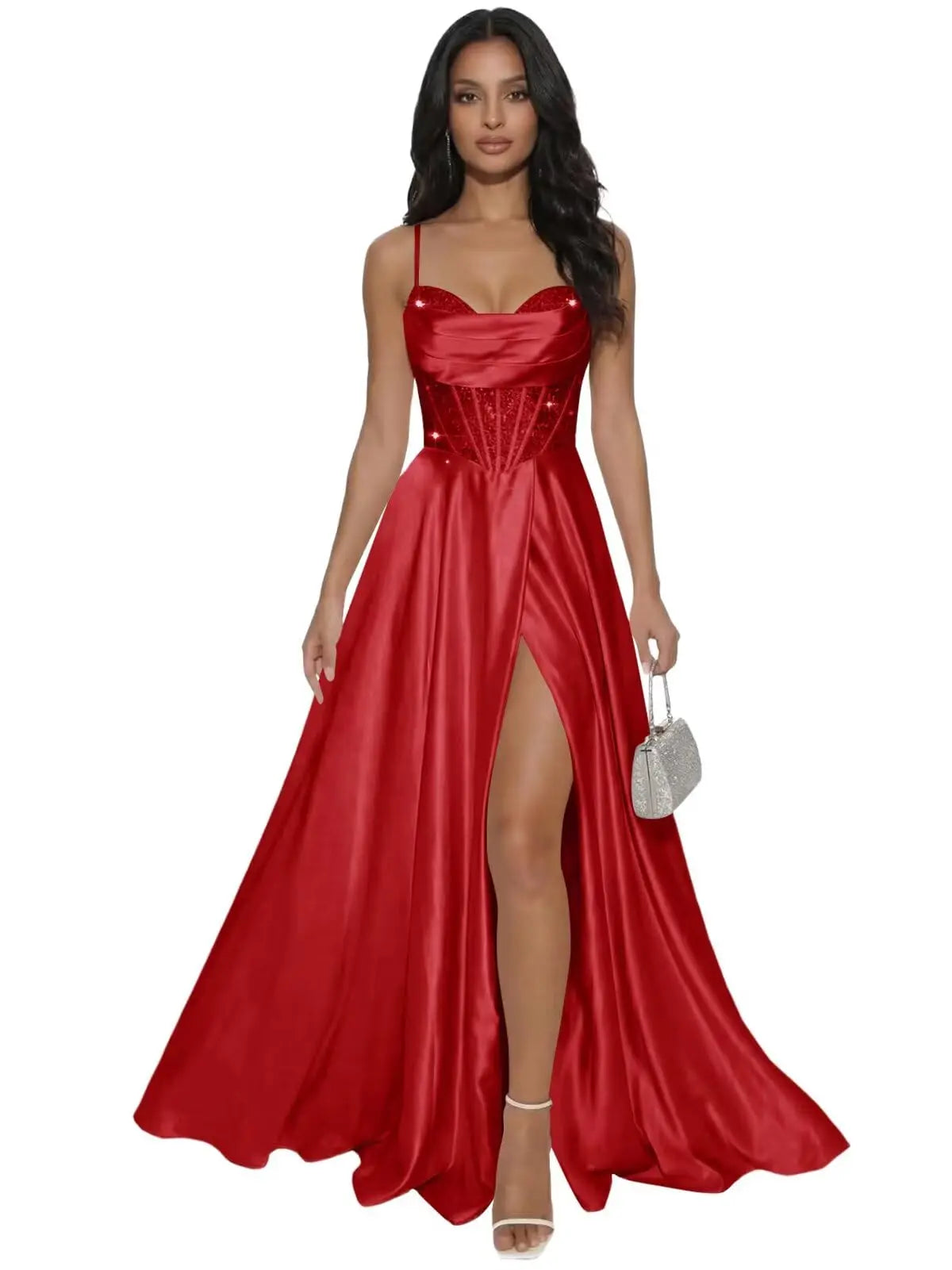 Pleated Satin A Line Prom Dresses for Women Spaghetti Straps Sequin Corset Formal Dress with Slit Formal Dress Women Elegant